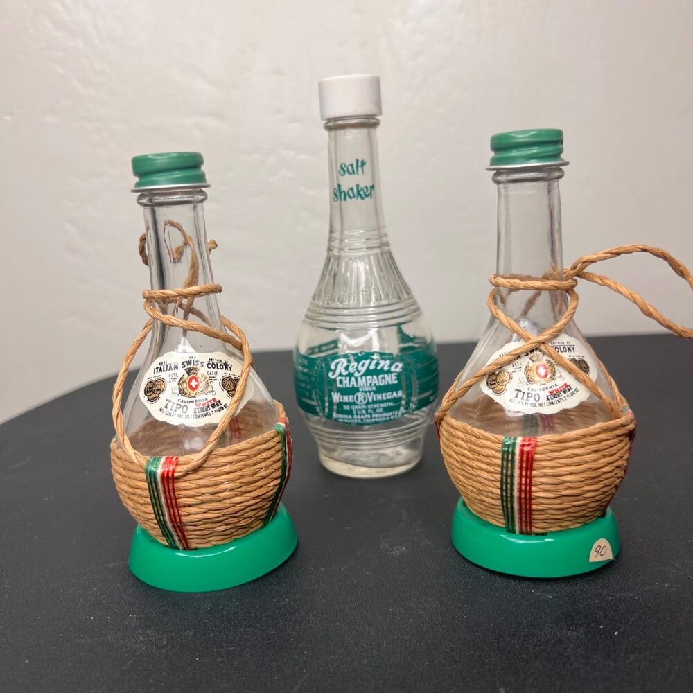 2 Italian Swiss Colony1952 Decorative Bottles & Regina Wine Vinegar Salt Shaker